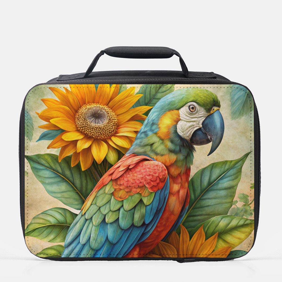  insulated lunch bag with a parrot and sunflower design on a white background