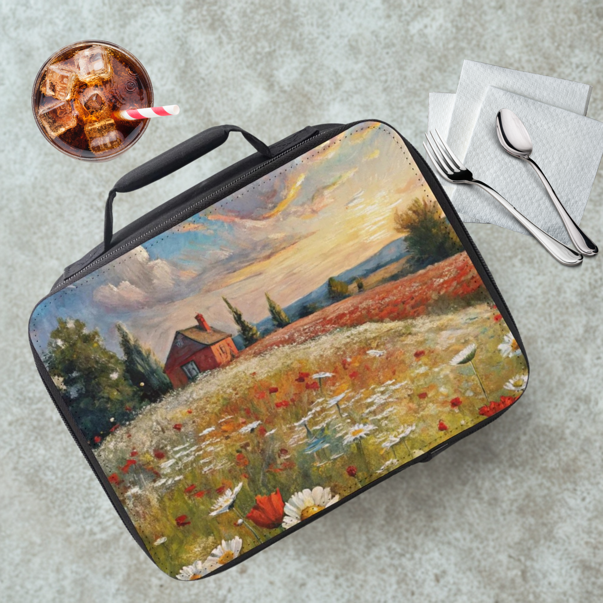 Lunch bag with a scenic design of a house and field on a cafeteria table with a drink and utensils.