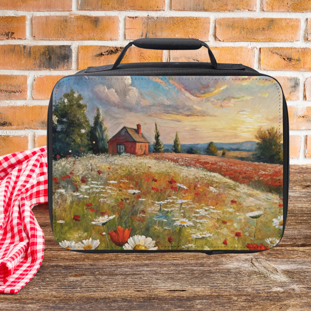 Rectangular insulated lunch bag with a scenic design of a house in a field on a wooden picnic table with a brick wall background.
