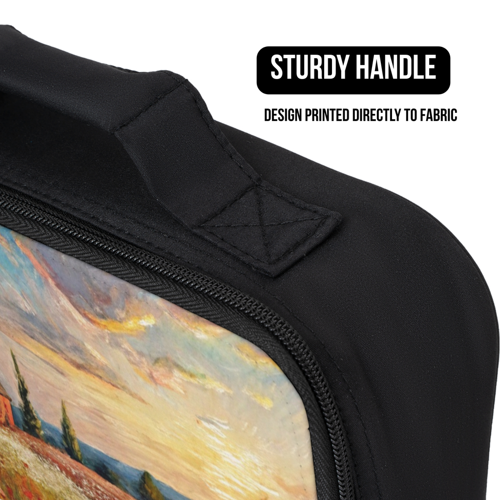 Black lunch bag with a scenic design printed directly to fabric, featuring a sturdy handle.