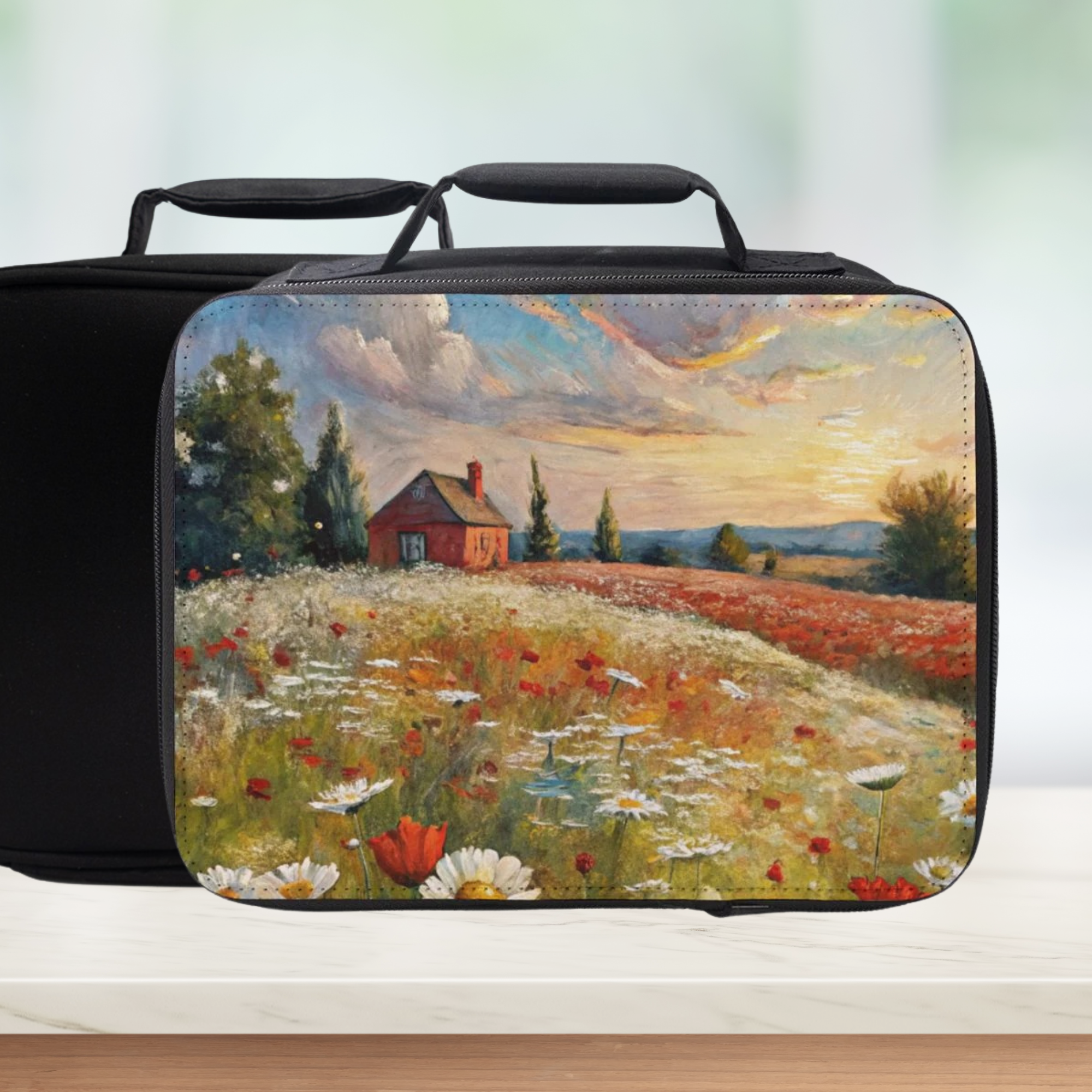 Black lunch bag with a scenic painted design of a red house, field, and sunset.