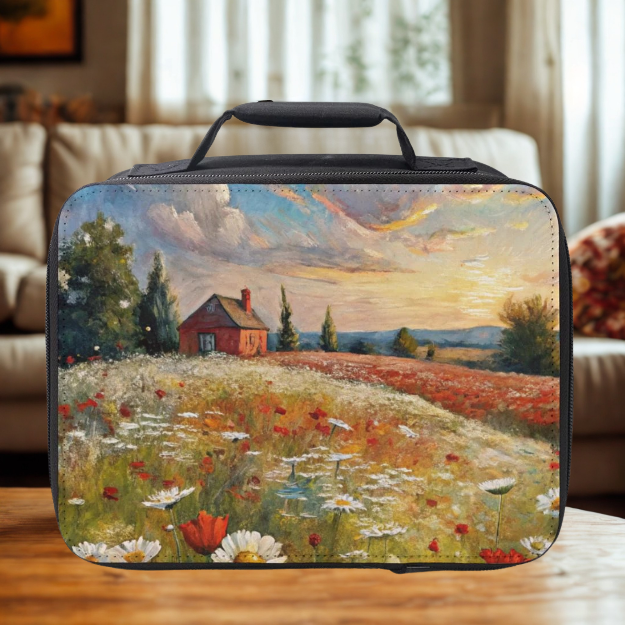 Rectangular lunch bag with a scenic design of a house in a field on a wooden coffee table in a cozy living room.