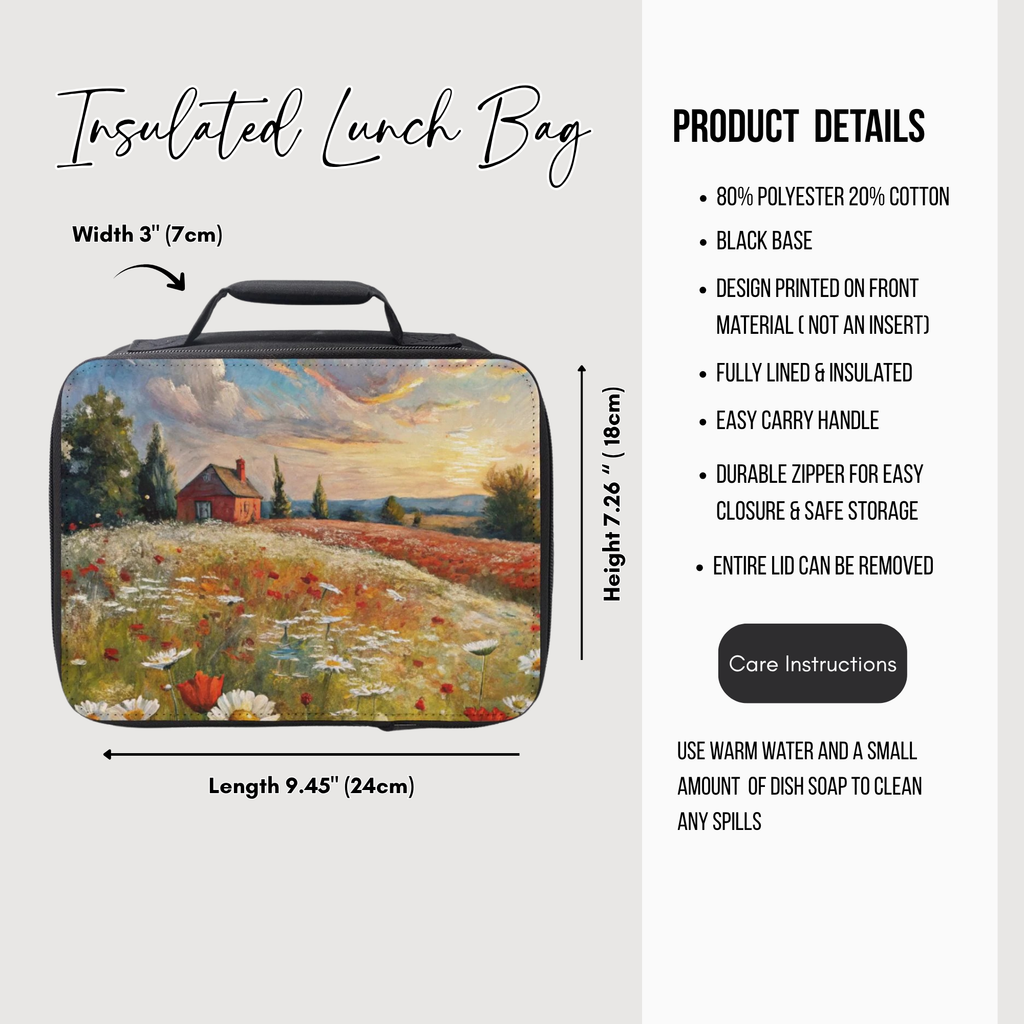 Insulated lunch bag with a scenic design and product details on a white background