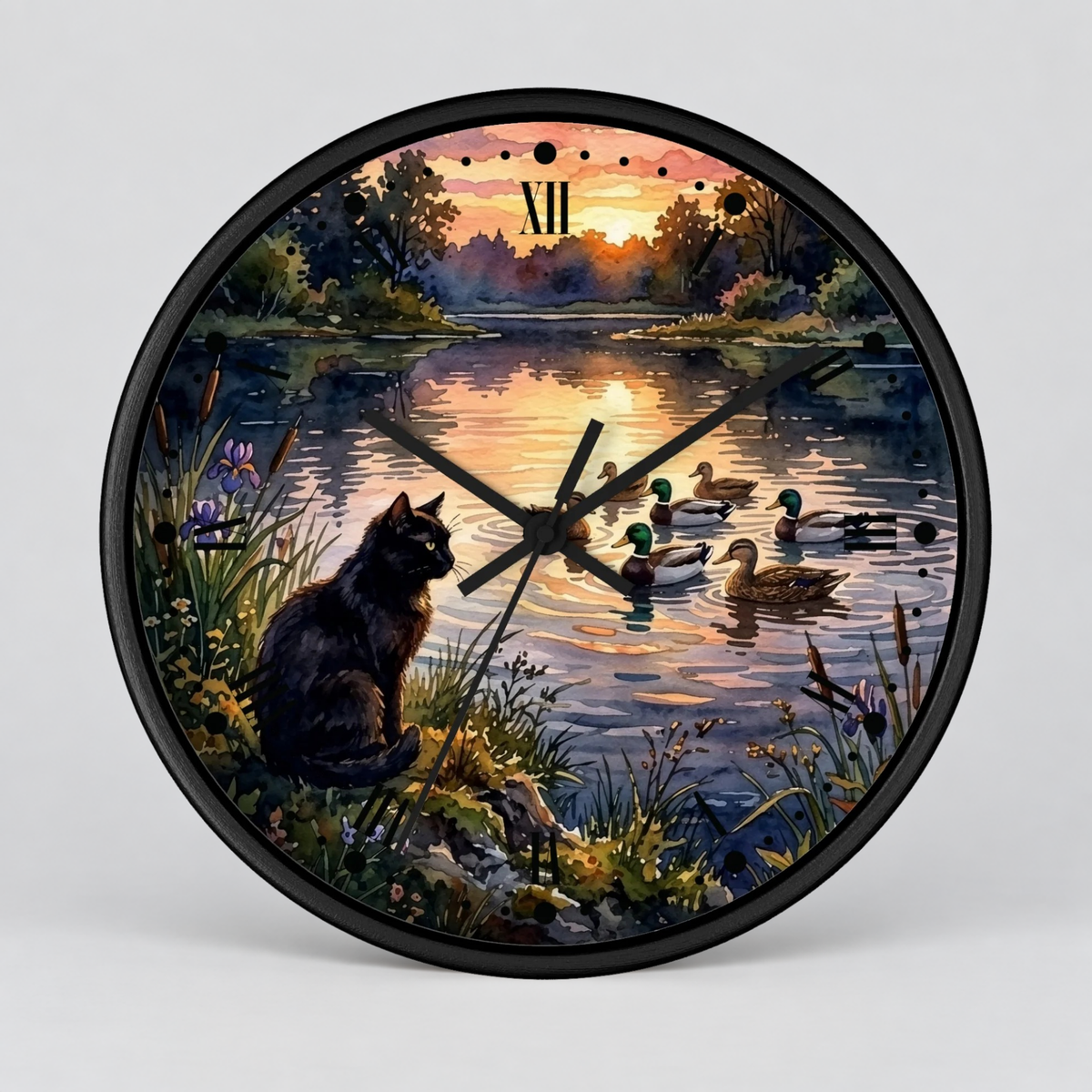 Black Cat and Ducks at Sunset Lake Wood Wall Clock