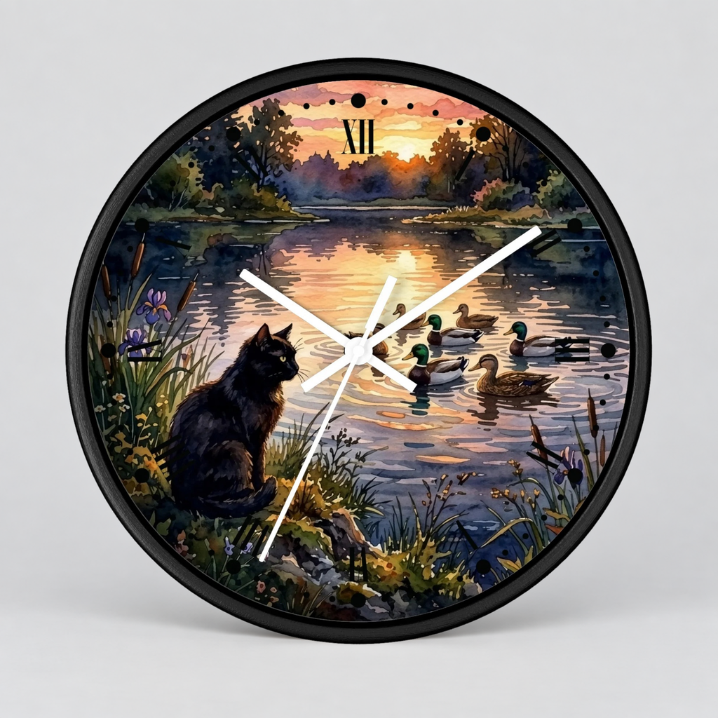 Black Cat and Ducks at Sunset Lake Wood Wall Clock