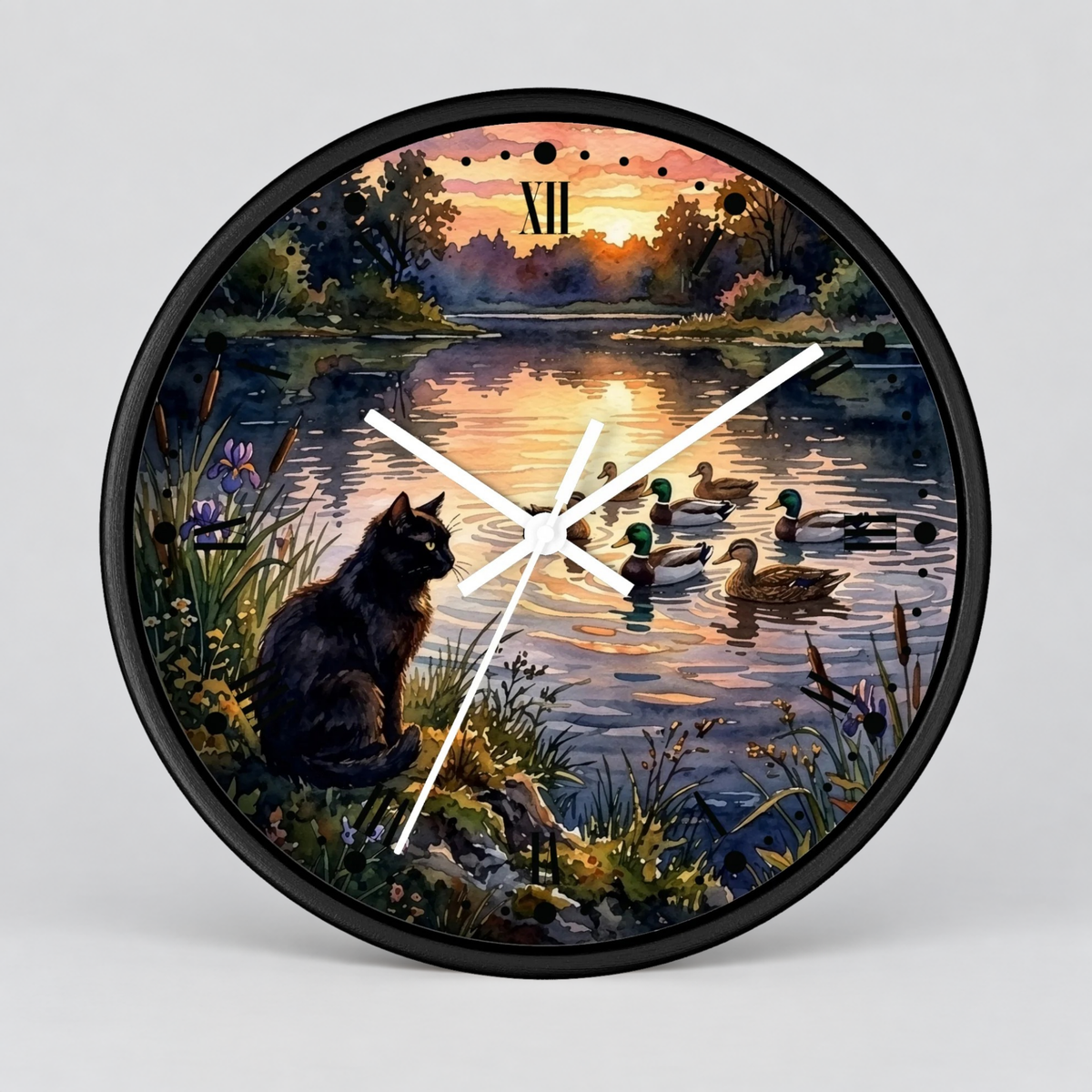 Black Cat and Ducks at Sunset Lake Wood Wall Clock