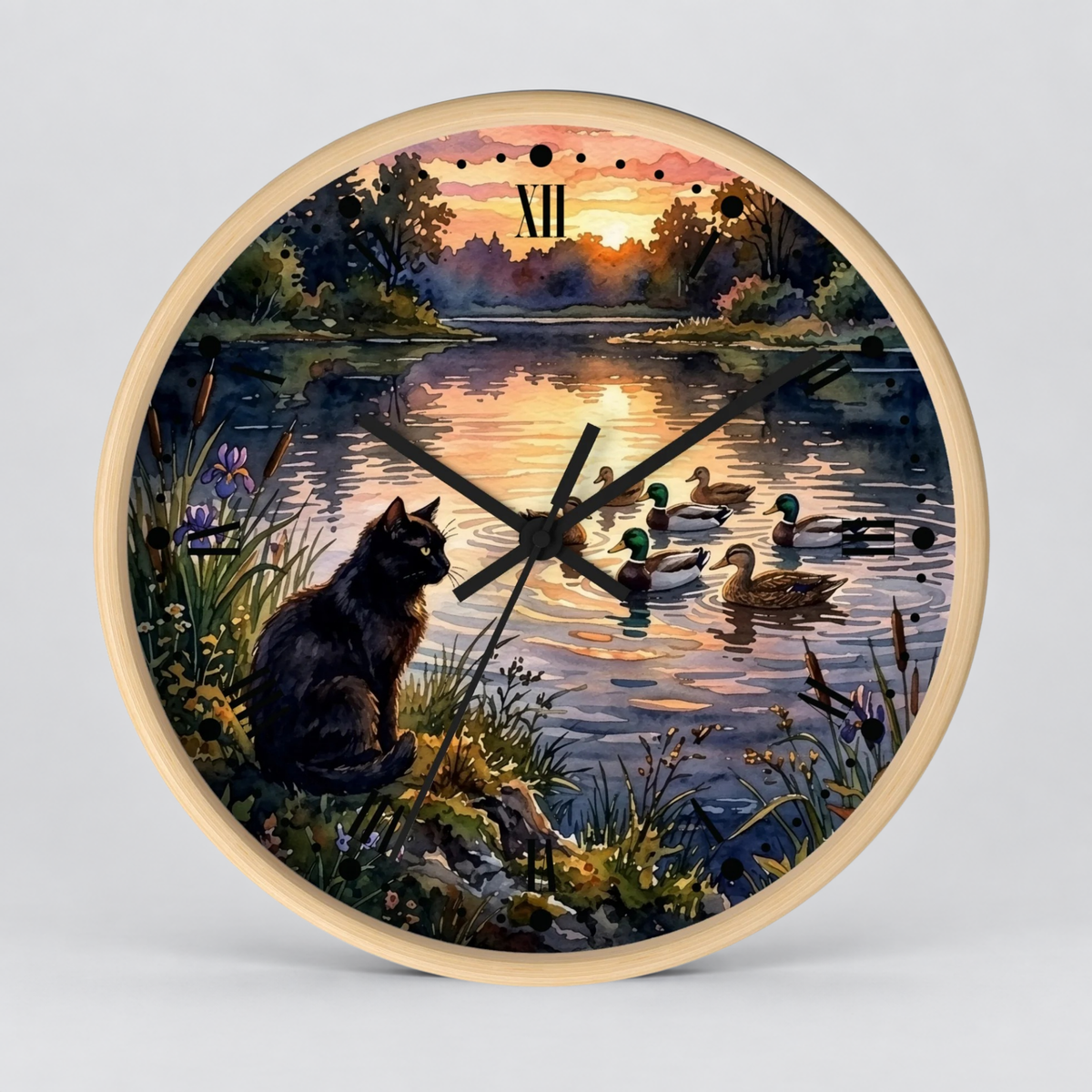 Black Cat and Ducks at Sunset Lake Wood Wall Clock