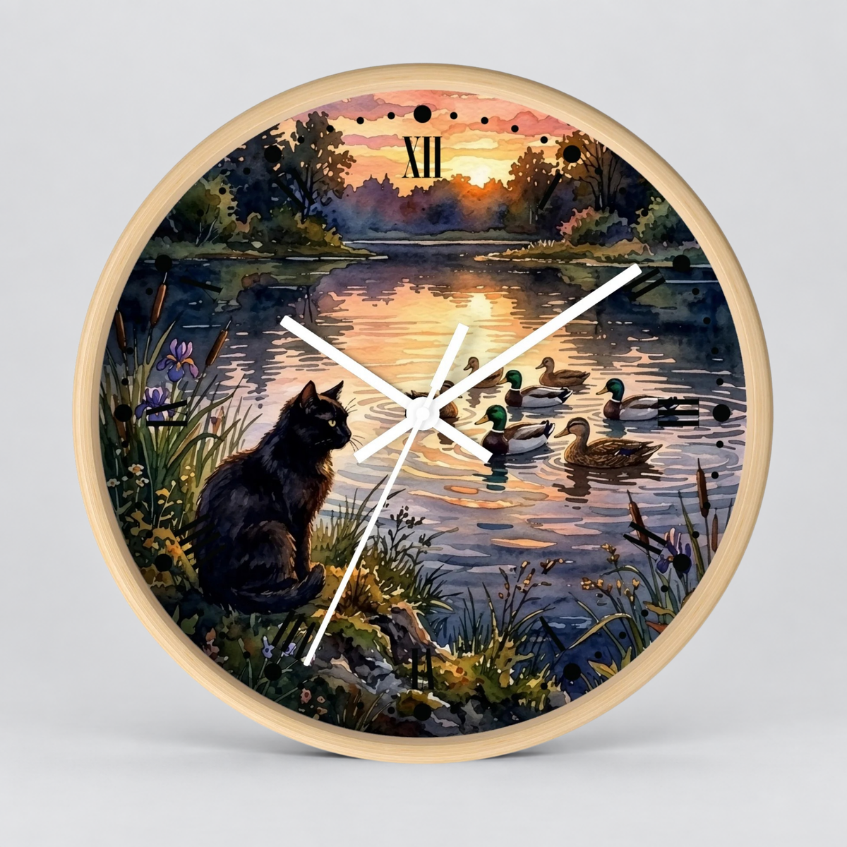 Black Cat and Ducks at Sunset Lake Wood Wall Clock