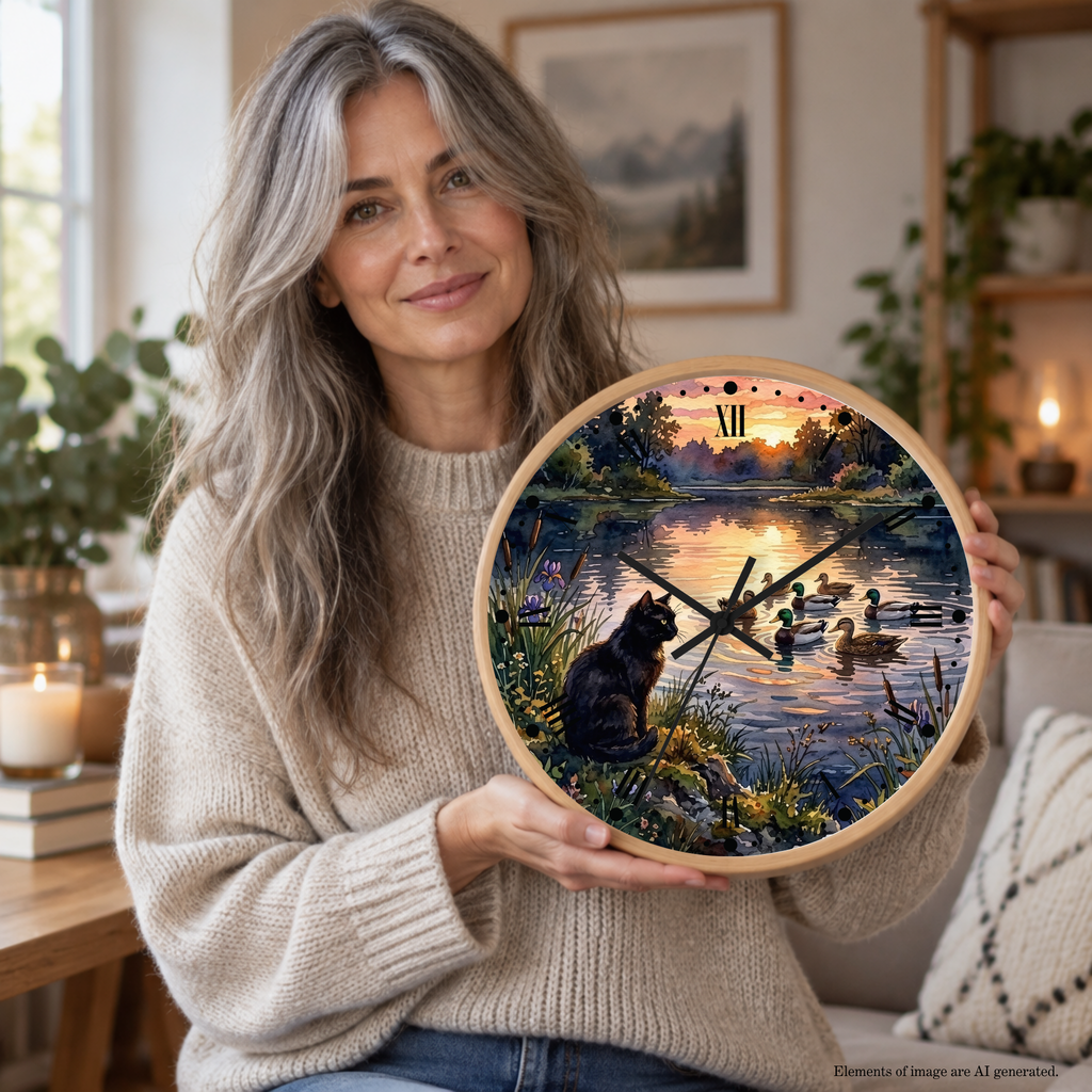 A woman with long gray hair holds a round wooden-framed wall clock in a cozy, warmly lit living room. The clock face features a detailed illustration of a black cat sitting by a river at sunset, with ducks on the water and a colorful sky.