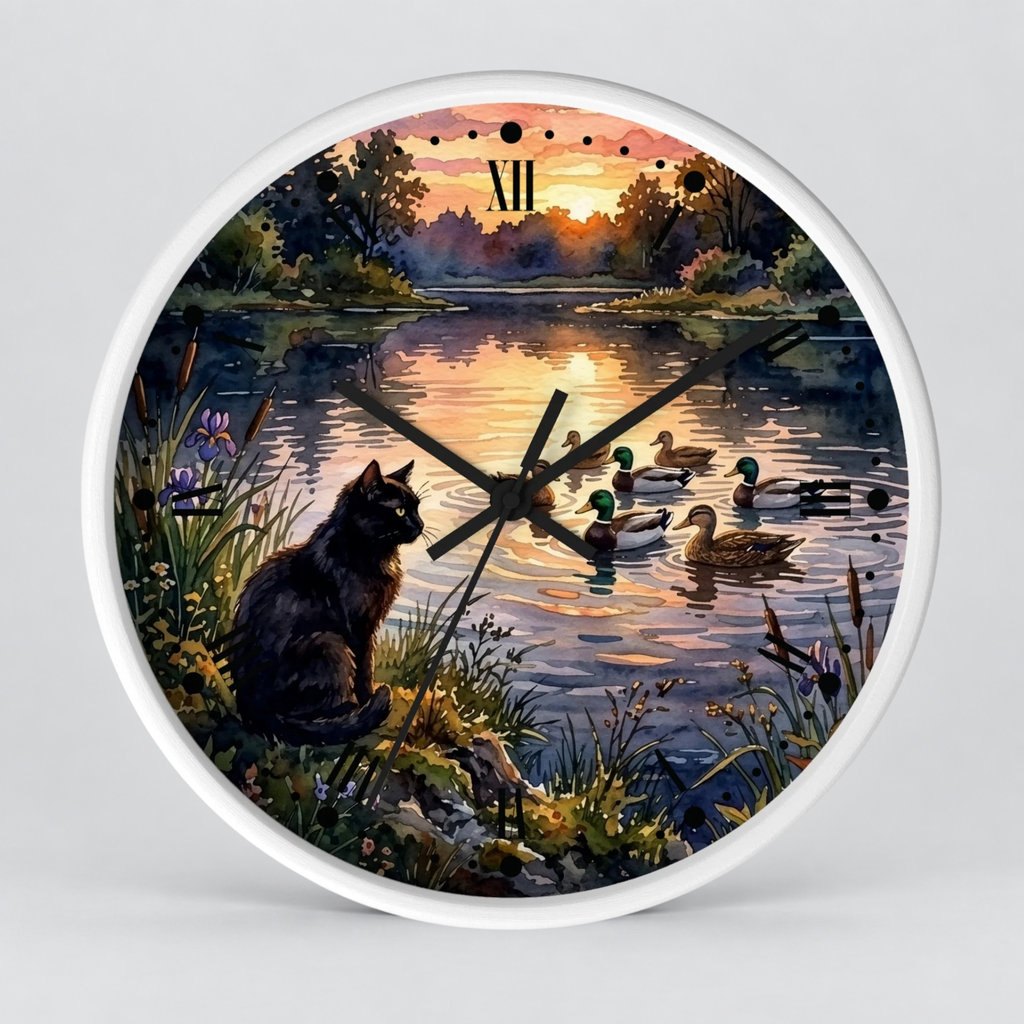 Black Cat and Ducks at Sunset Lake Wood Wall Clock