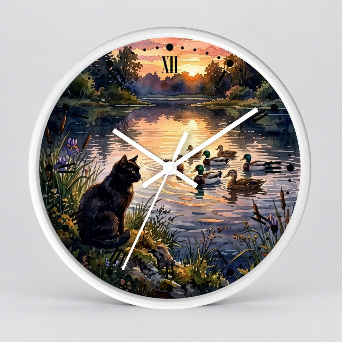 Black Cat and Ducks at Sunset Lake Wood Wall Clock