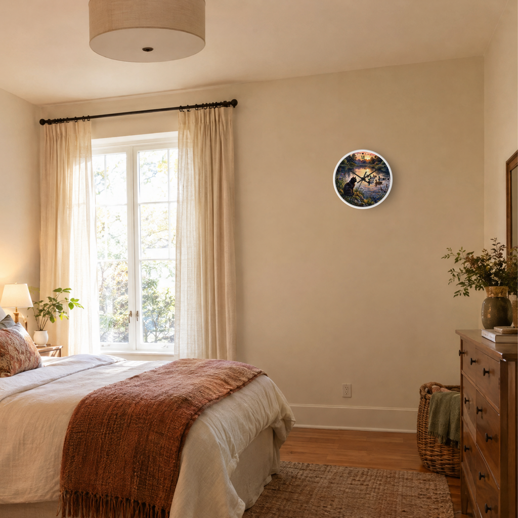 Black Cat and Ducks at Sunset Lake Wood Wall Clock