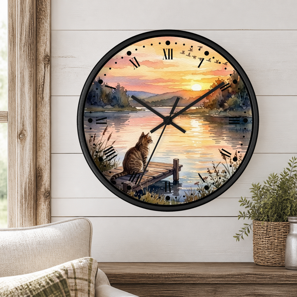 A round wall clock with a black frame hangs on a white shiplap wall above a wooden table. The clock face features a scenic sunset landscape with a cat sitting on a dock by the water, Roman numerals, and black clock hands.