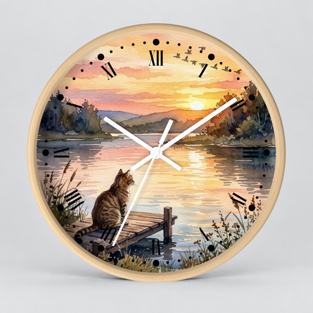 Round wall clock with a light wood frame and a printed scenic design featuring a cat sitting on a dock by a lake at sunset. The clock face includes black Roman numerals and white hands against a soft gray studio background.