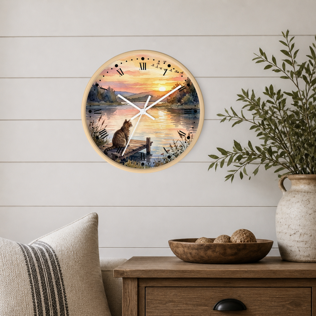 A round wall clock with a scenic sunset lake illustration and a cat on the dock, mounted on a white shiplap wall above a wooden side table with a plant and bowl.