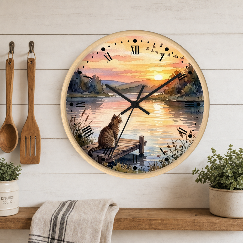 Round wall clock with a scenic sunset lake and cat illustration, hanging on a white wood plank wall above a shelf with plants and utensils.