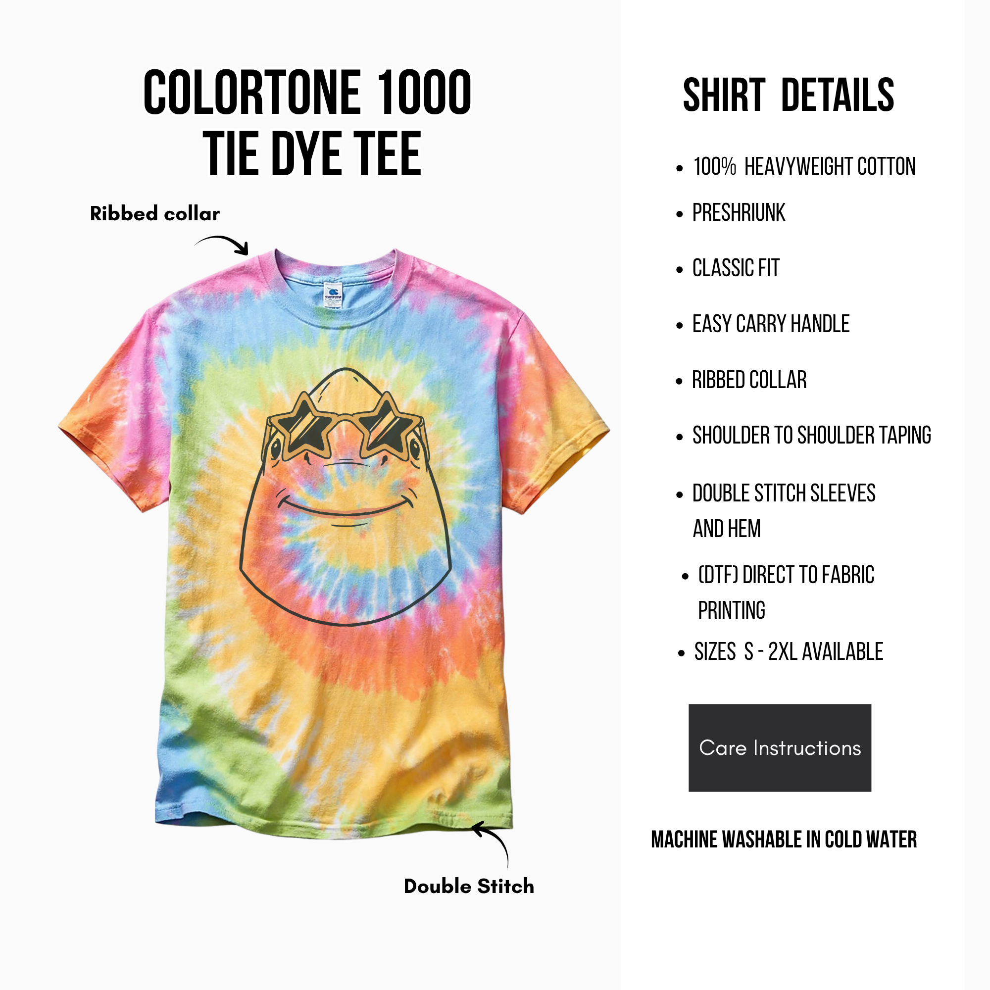 Tie-dye t-shirt with shark wearing sunglasses design on a white background, featuring shirt details and care instructions.