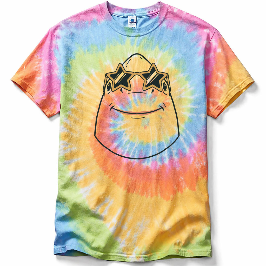 Tie-dye t-shirt with a cartoon character shark design on a white background