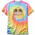 Tie-dye t-shirt with a cartoon character shark design on a white background