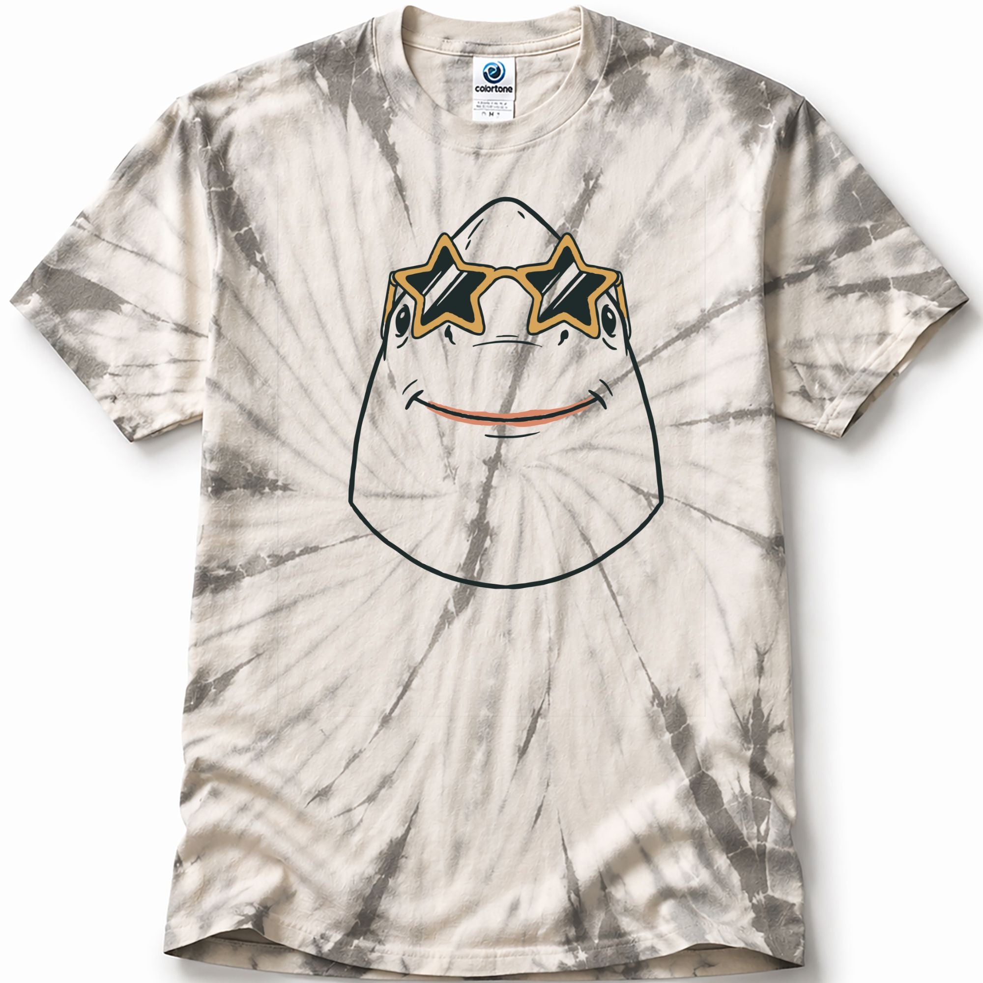 Tie-dye t-shirt in the color Spider Silver with a graphic of a shark wearing star shaped sunglasses sunglasses on a white background