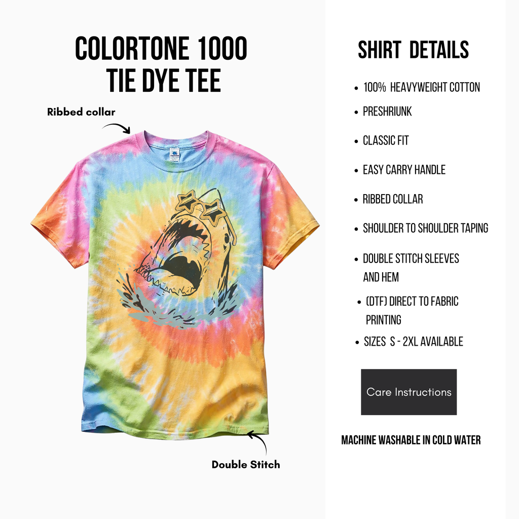 Colorful tie-dye shirt with a hand drawn shark graphic and product details on a white background