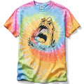 Tie-dye t-shirt with a hand drawn shark graphic on a white background