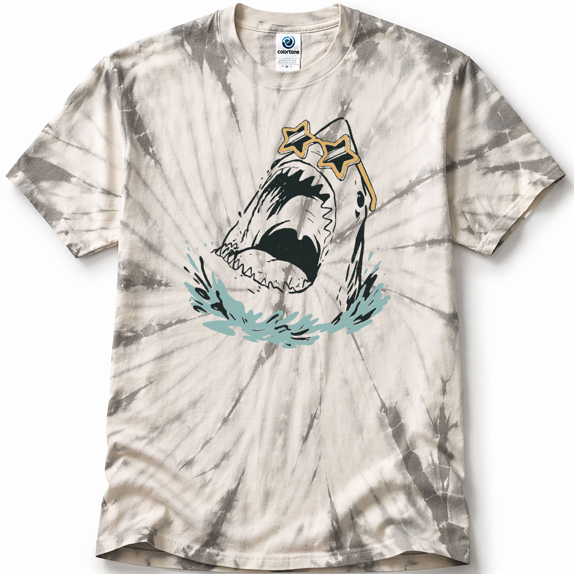 Tie-dye t-shirt in the color Spider Silver with a hand drawn shark graphic wearing sunglasses on a white background