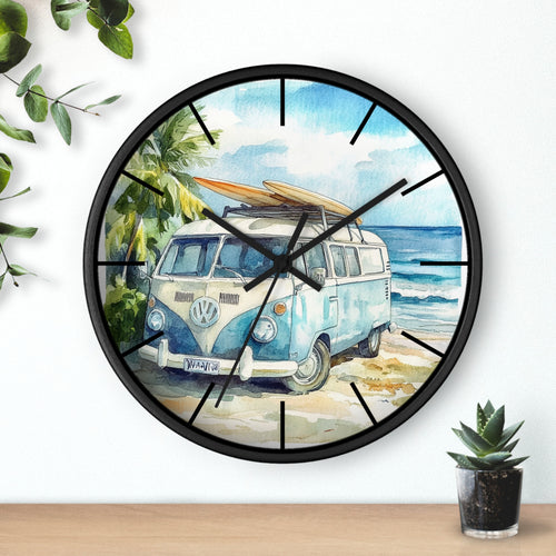 Wall clock with a beach scene featuring a van and surfboard, surrounded by greenery.