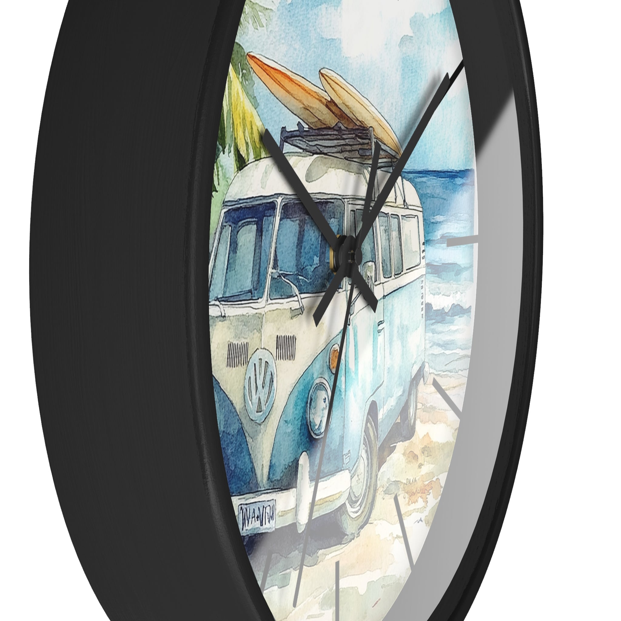 Wall clock with a design of a Volkswagen van and surfboards on a beach.