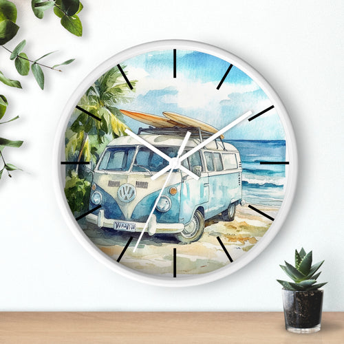 Wall clock with a beach scene featuring a Volkswagen van and surfboard, surrounded by greenery.
