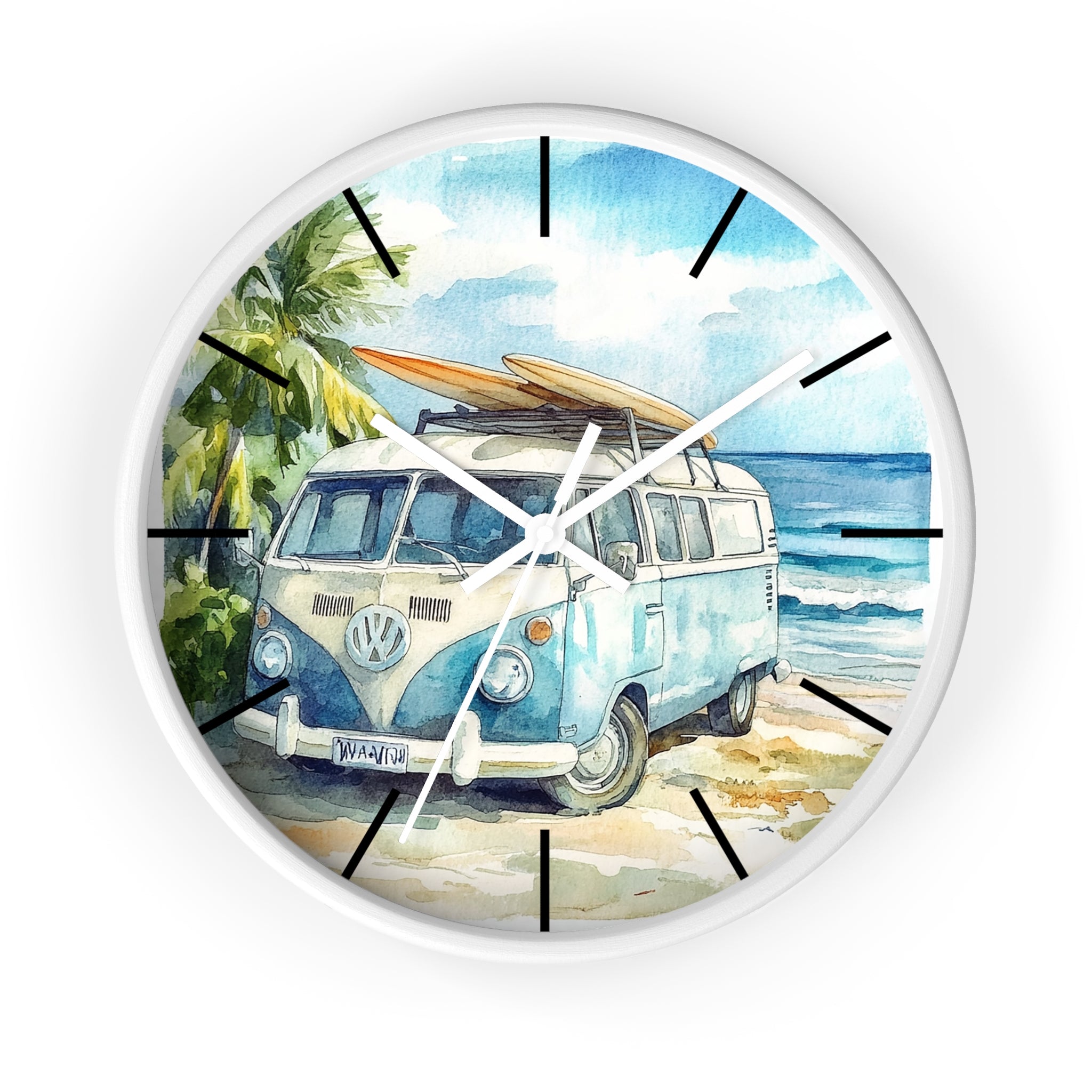 Wall clock with a design of a Volkswagen van on a beach
