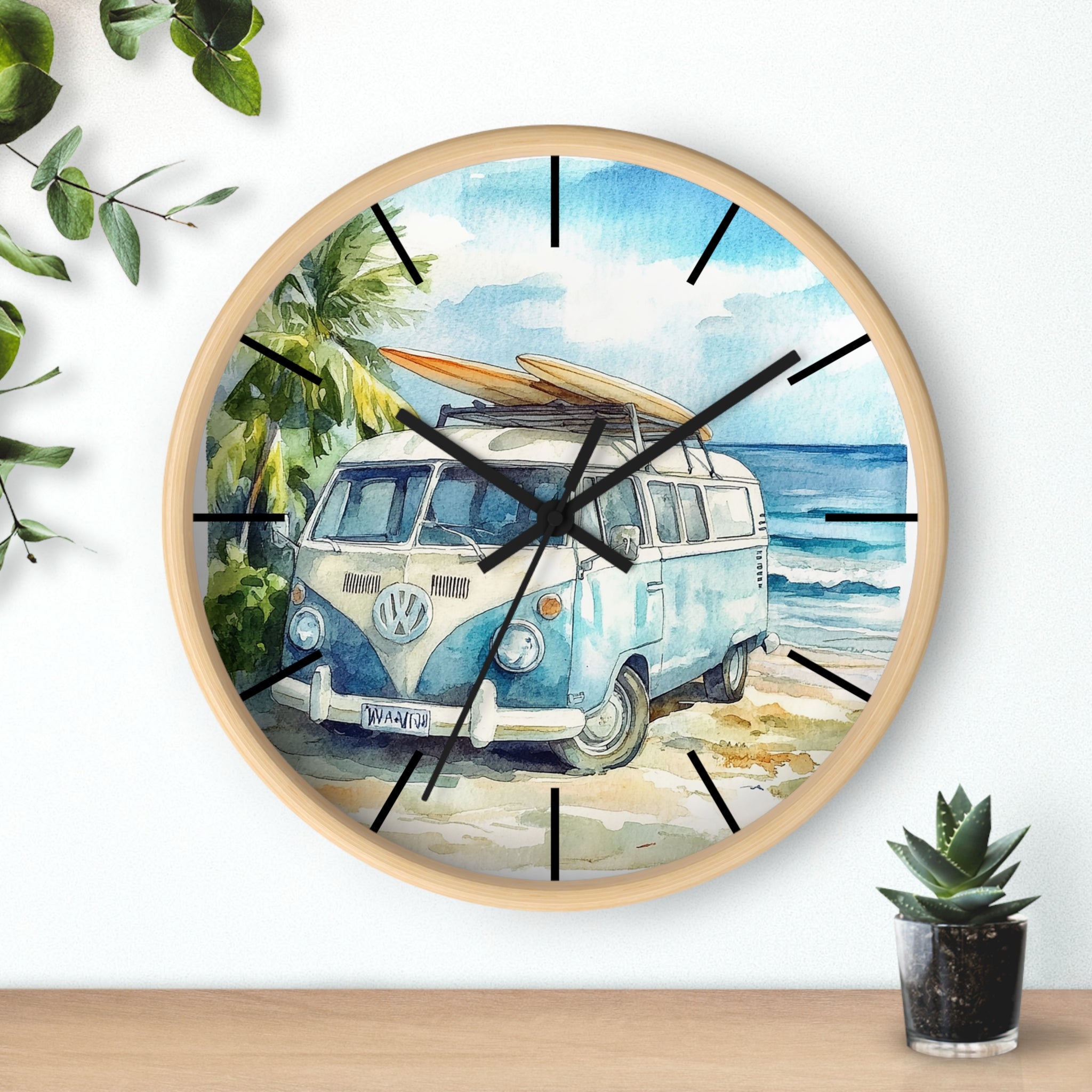 Wall clock with a design of a vintage van and surfboard on a beach, surrounded by greenery.
