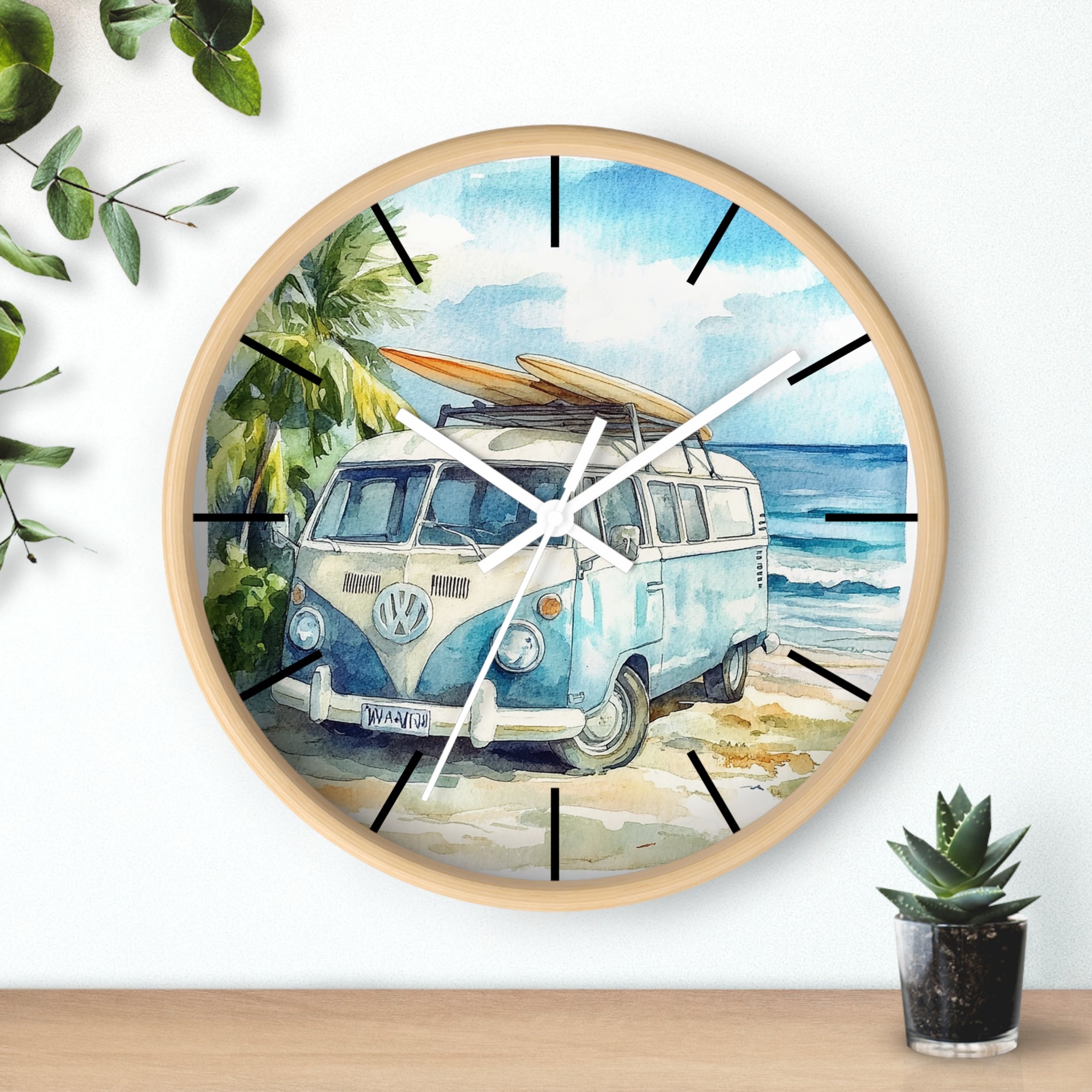 Wall clock with a design of a vintage van and beach scene, placed on a surface with plants.