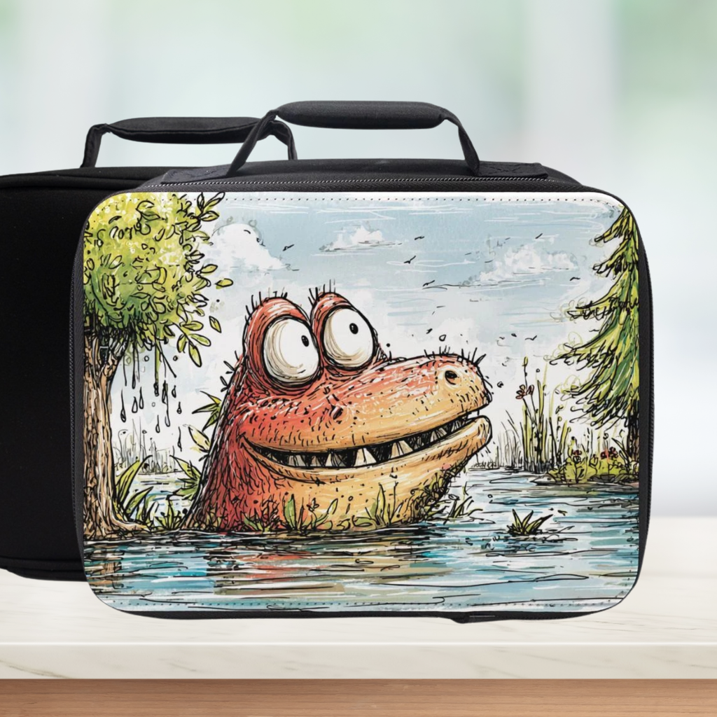 Rectangular lunch bag with a cartoon character monster design on a white background