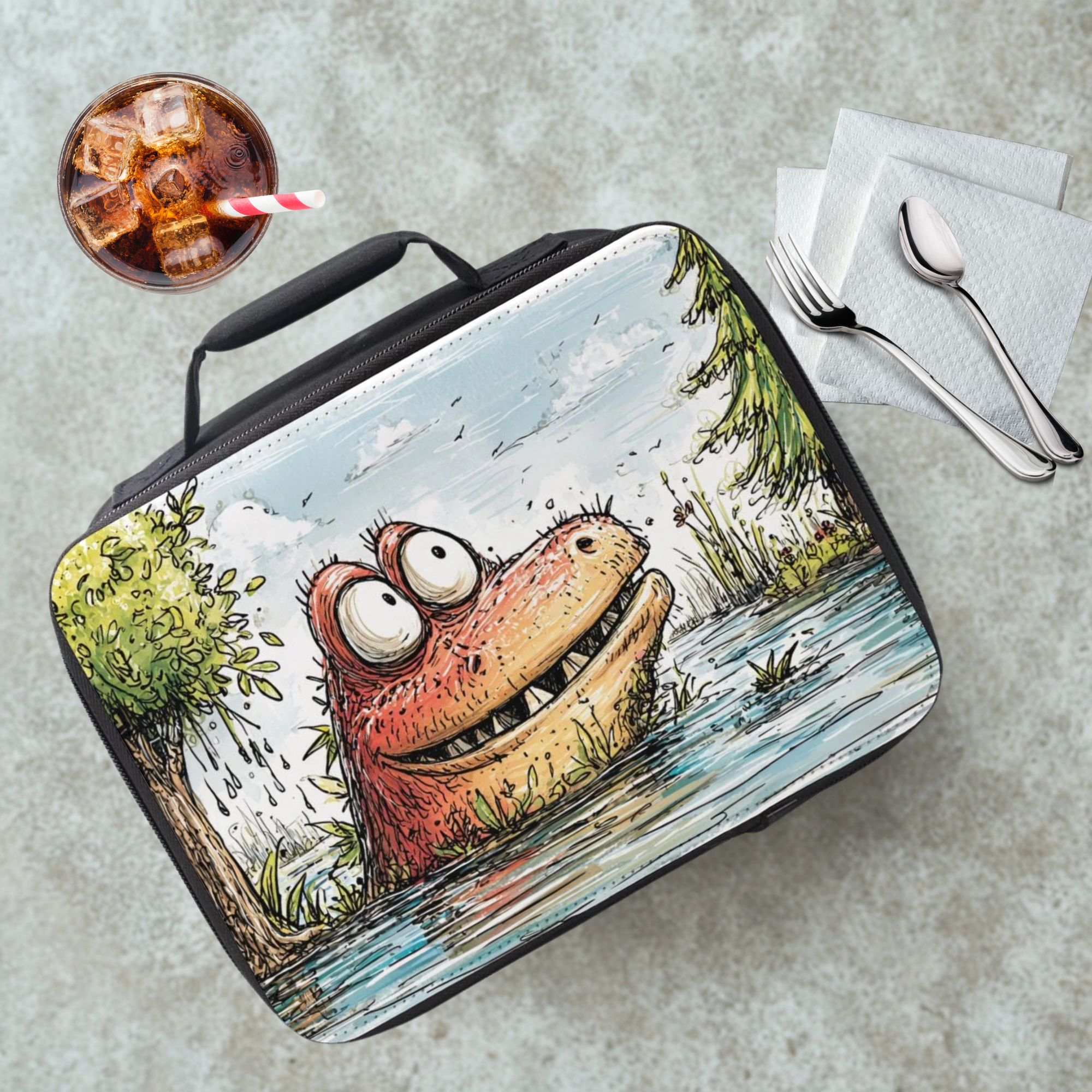  insulated lunch bag with cartoon design of a creature in a pond on a table with a drink and utensils