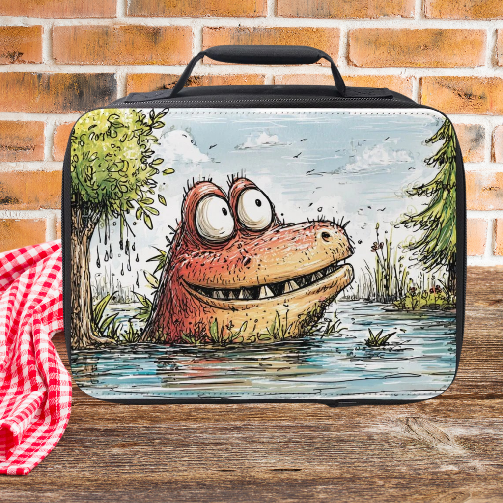  insulated lunch bag with a cartoon monster design on a wooden picnic table against a brick wall background.