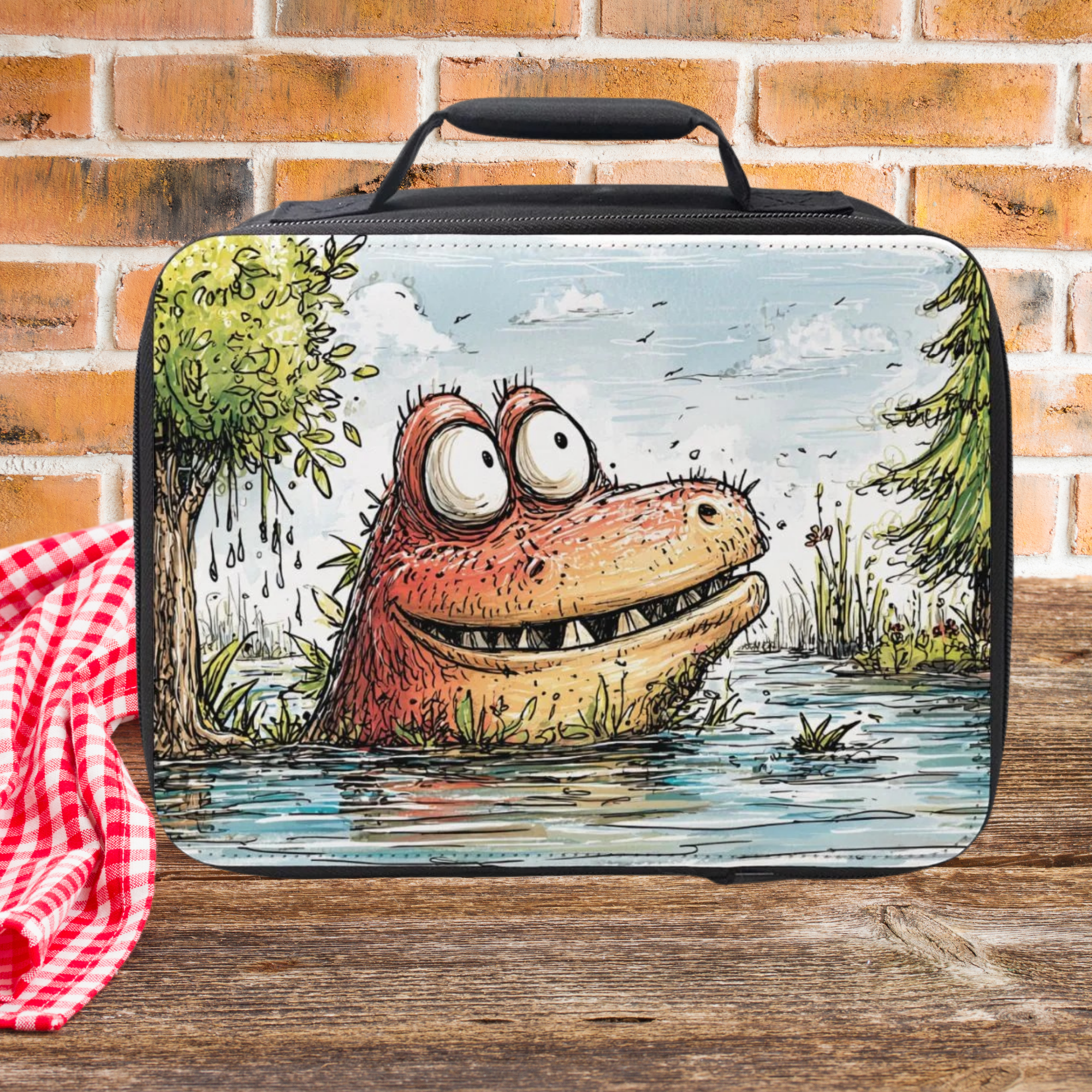  insulated lunch bag with a cartoon monster design on a wooden picnic table against a brick wall background.
