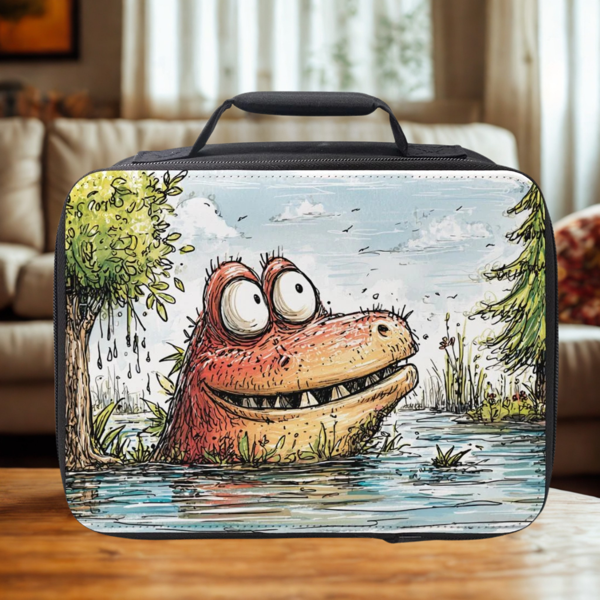  insulated lunch bag with cartoon character monster design on a wooden living room table