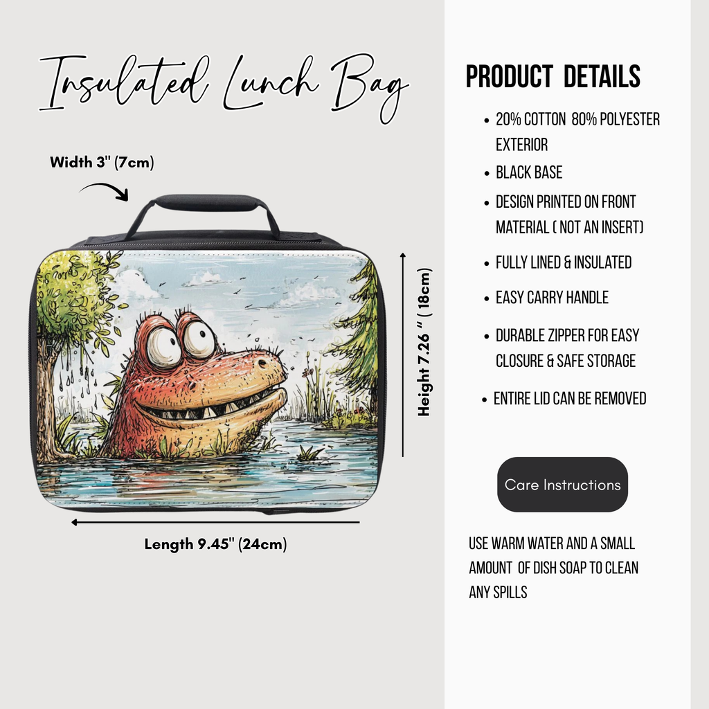 Insulated lunch bag with cartoon design and product details on a white background