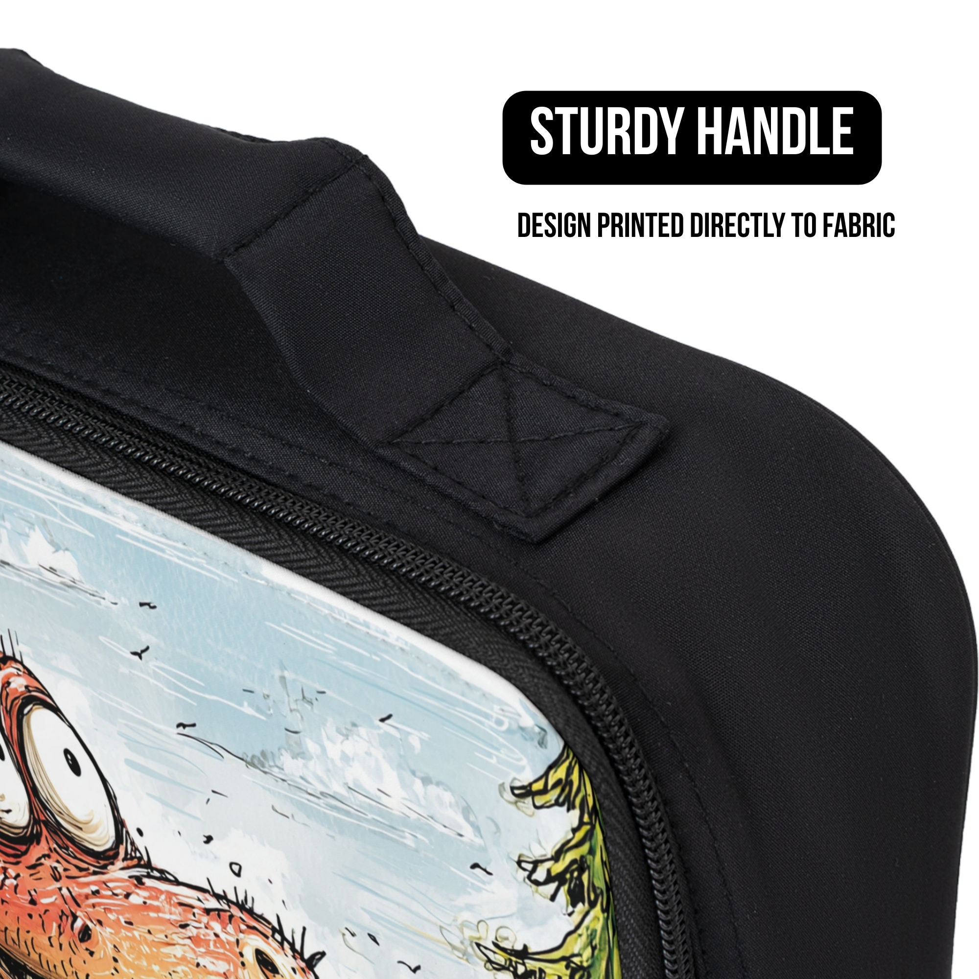 Black lunch bag with a cartoon design on a white background, featuring text about a sturdy handle and design printed directly to fabric.