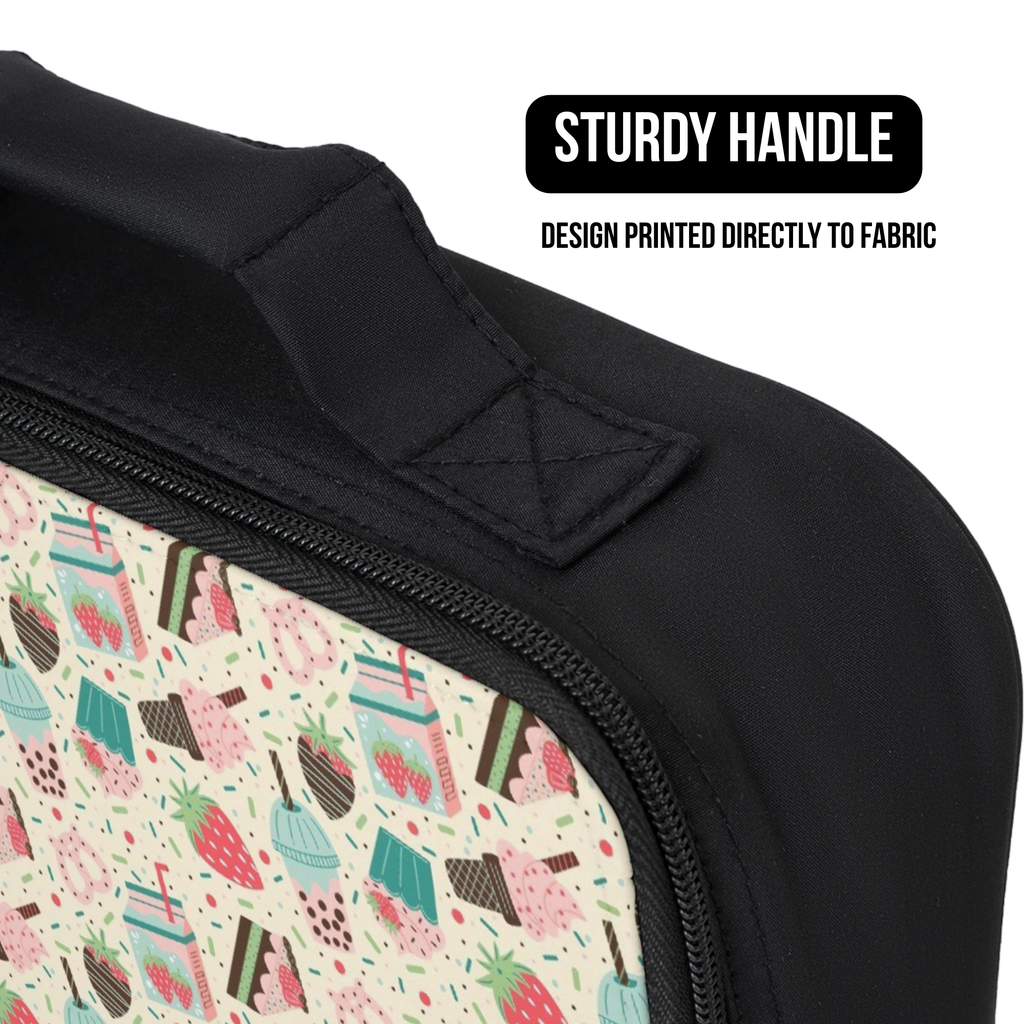 Close-up of the handle and strawberry desert pattern on a black lunch bag.