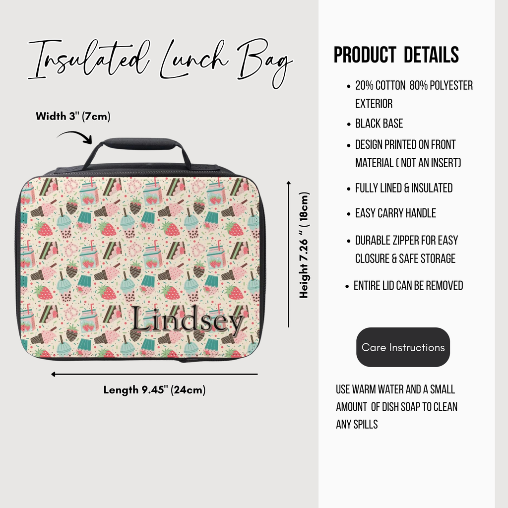black lunch bag with a desert pattern and personalized with a name and product details on a light background.