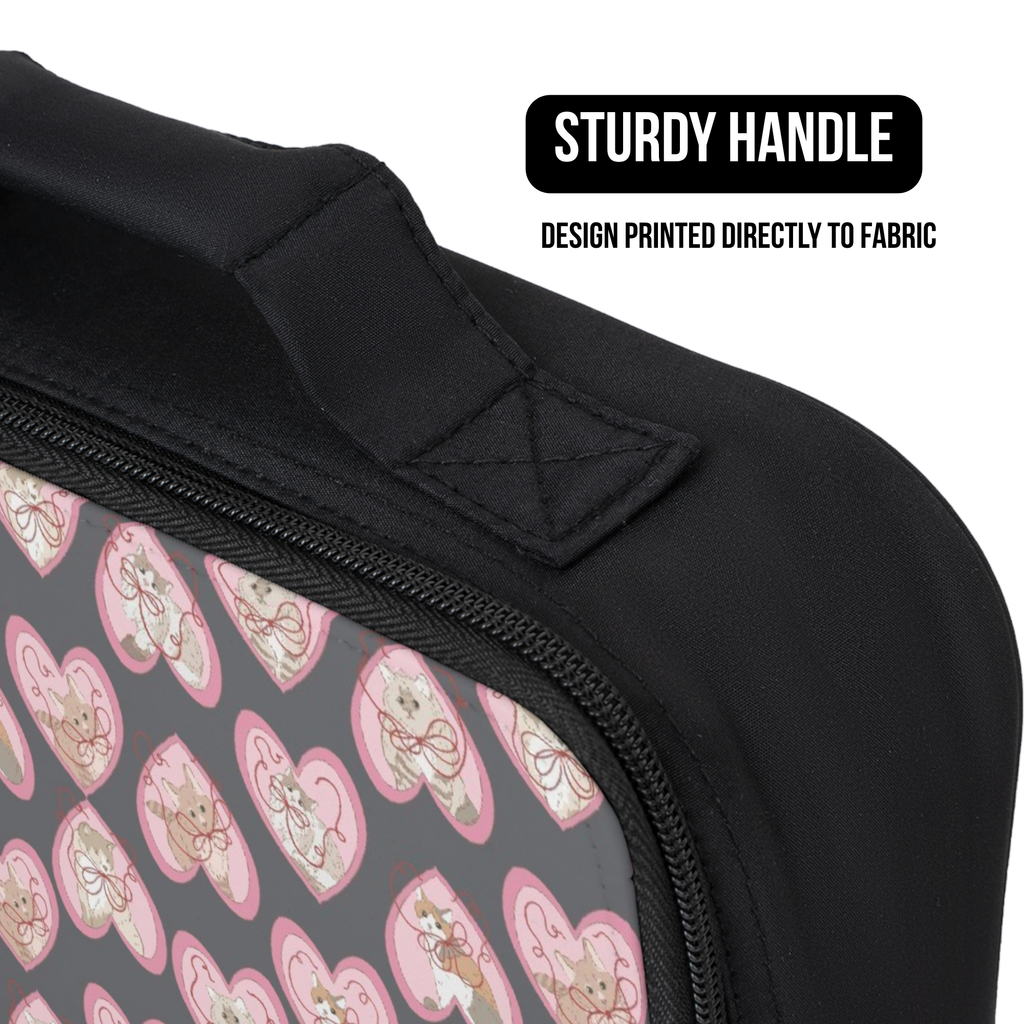 Black lunch bag with pink heart design and 'Sturdy Handle' text on a white background