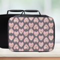 Lunch bag with hand drawn hearts and cats pattern on a gray background