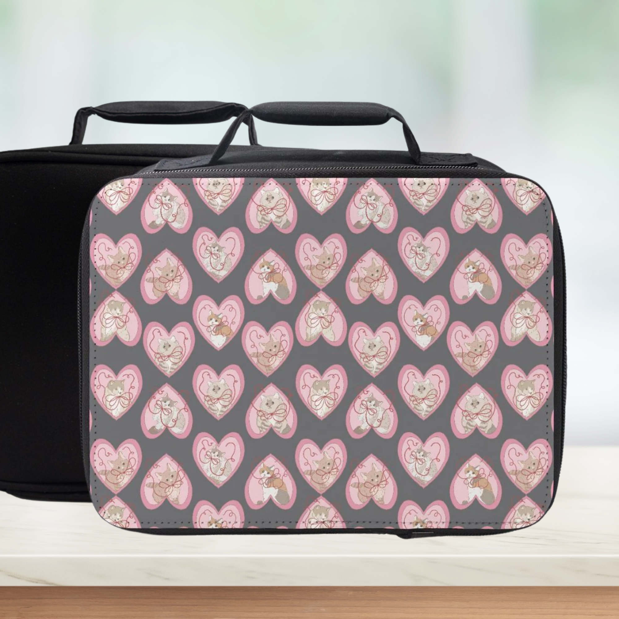 Lunch bag with hand drawn hearts and cats pattern on a gray background