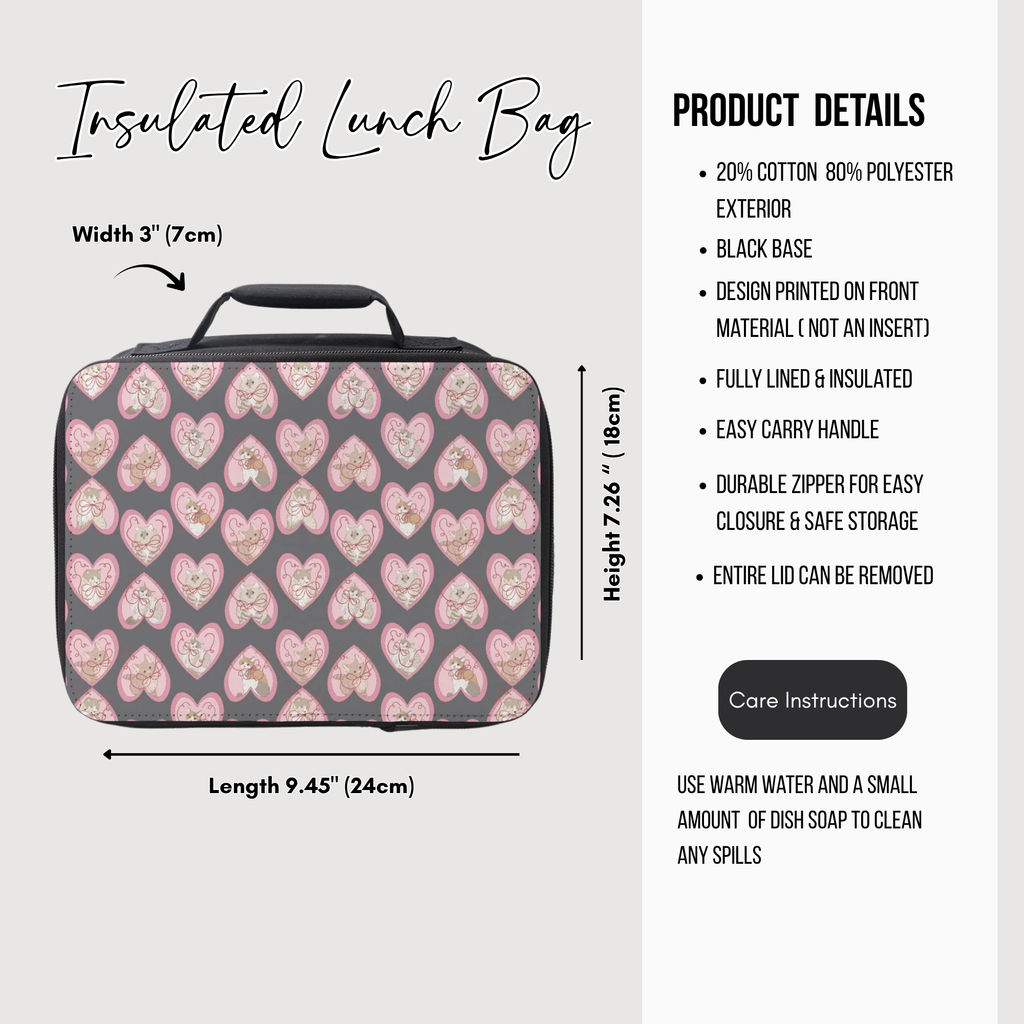 Insulated lunch bag with cats in  hearts pattern and product details on a white background