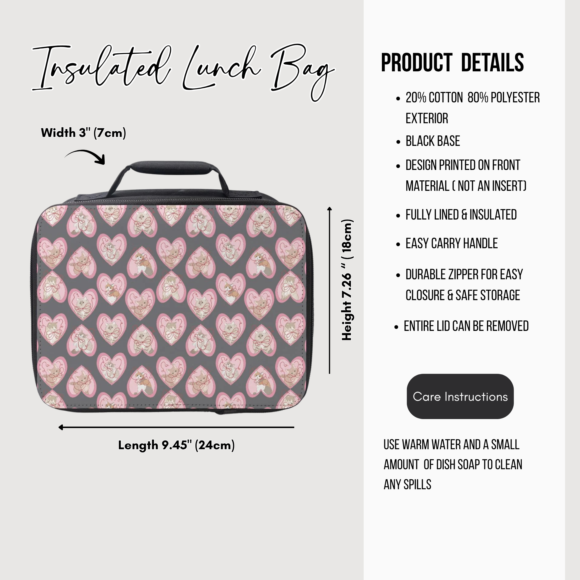 Insulated lunch bag with cats in  hearts pattern and product details on a white background