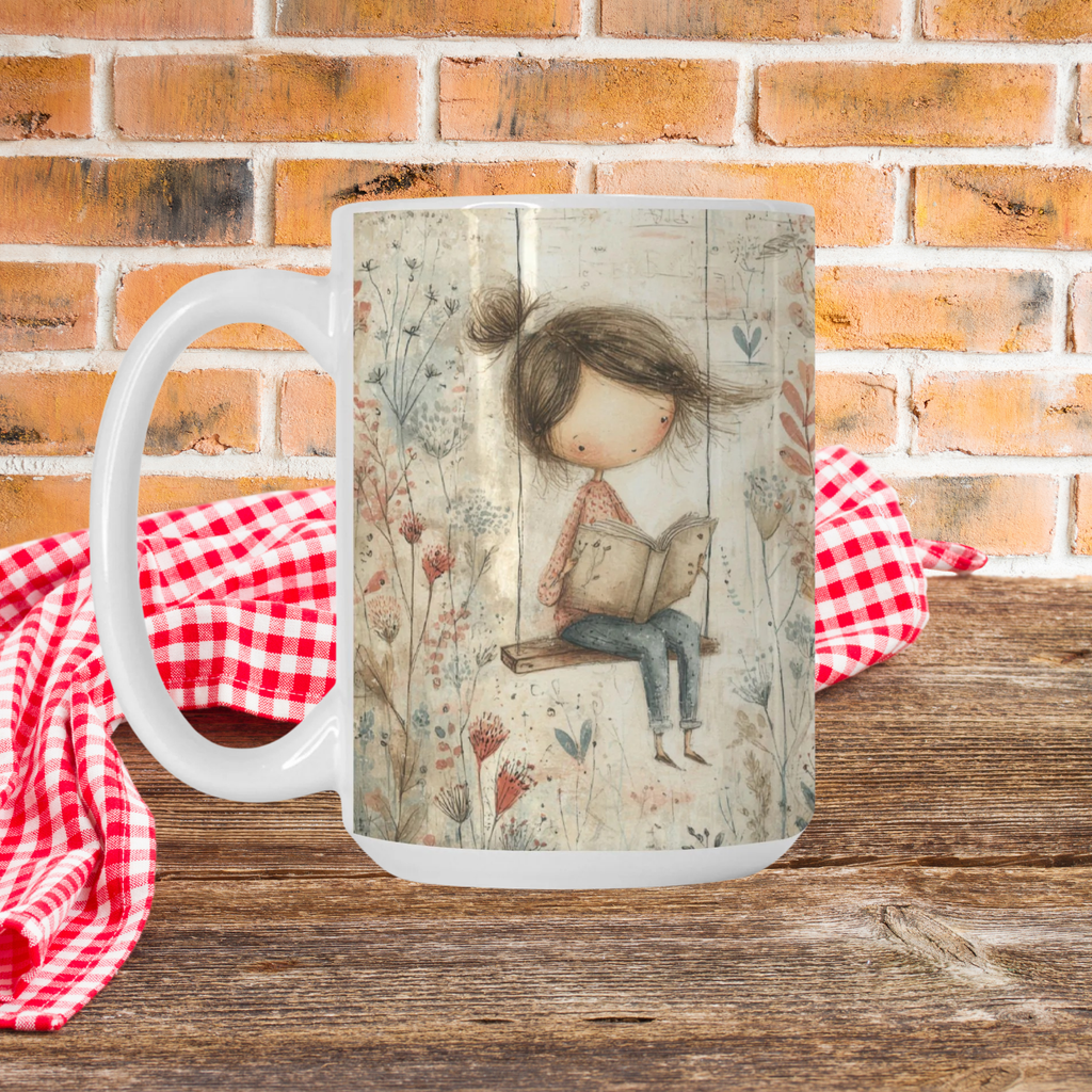 Mug with a design of a girl reading a book on a wooden picnic table with a brick wall background