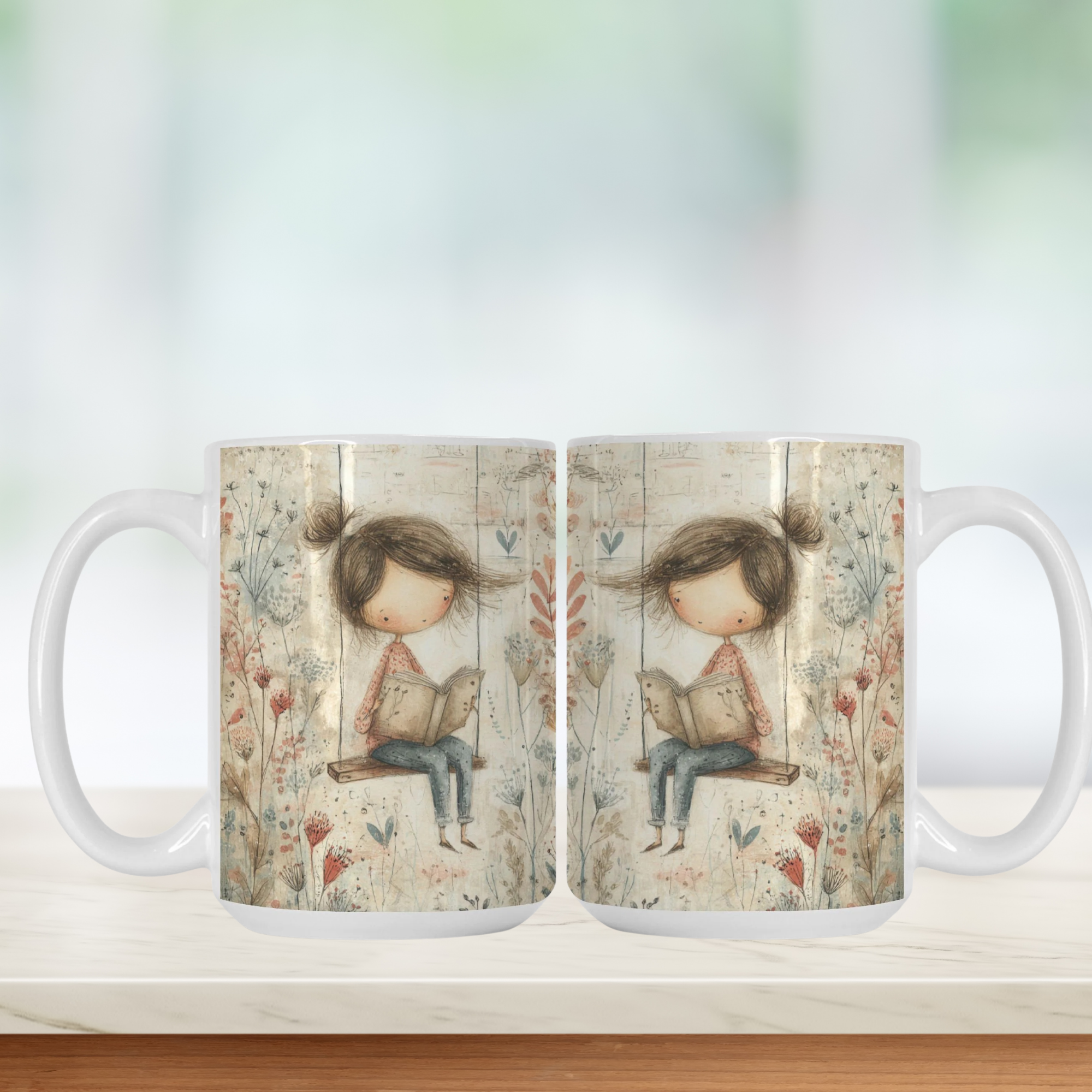 Two mugs with a design of a girl reading a book on a wooden surface.