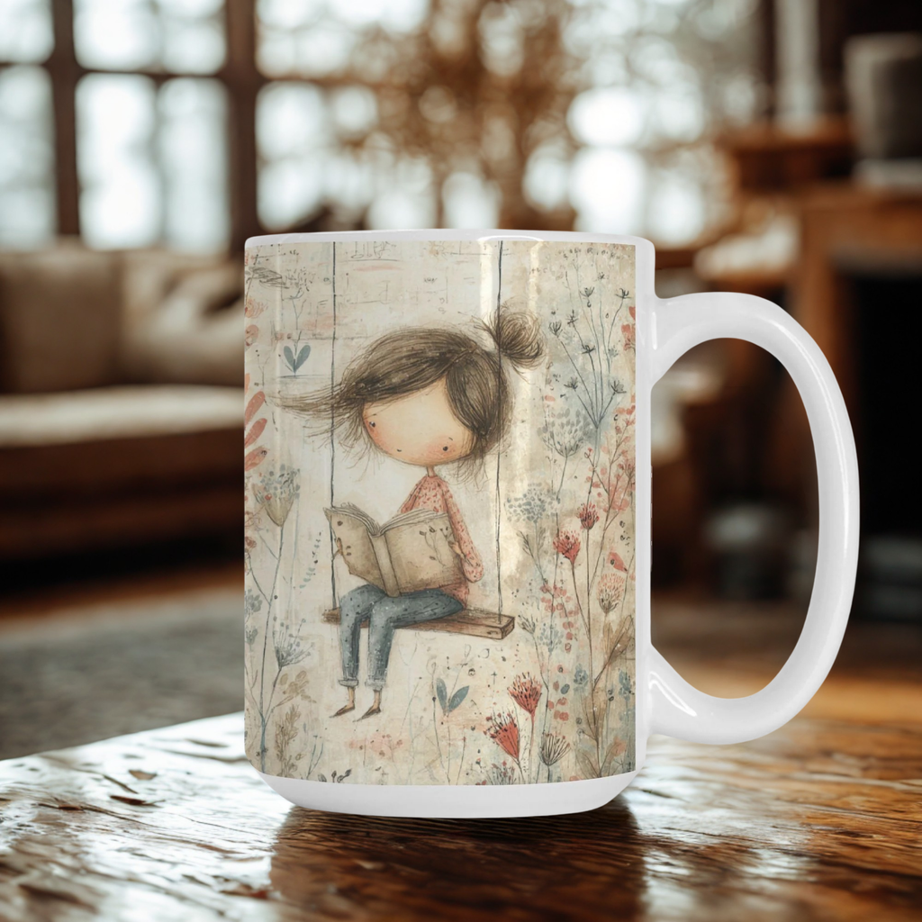 Mug with a design of a girl reading a book on a wooden table.